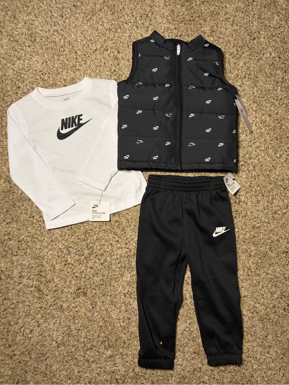 Nike Kids 3-Piece Set: Black Joggers, Black Puffer Vest & White Tee